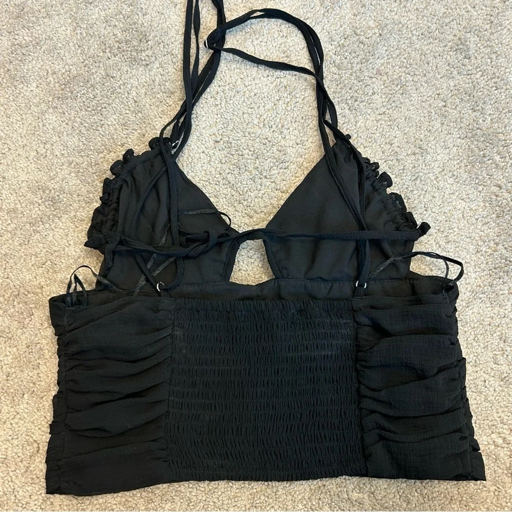 Zara Black Ruched Cut Out Crop Top Camisole sweetheart neckline strappy M NWOT - Picture 5 of 10